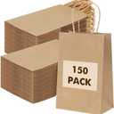 OUTUXED 150pcs Brown Paper Gift Bags, 8x4x10in Brown Kraft Paper Bags with Handles Bulk Medium Size for Retail, Shopping, Wedding, Favor, Birthday Party, Business, Grocery