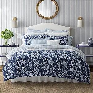Laura Ashley- Queen Comforter Set, Cotton Reversible Bedding Set, Includes Matching Shams with Bonus Euro Shams & Throw Pillow Covers (Branch Toile Blue, Queen)