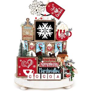 FairySandy Christmas Tiered Tray Decor Set Christmas Wooden Sign Rustic Farmhouse Snowflake Cocoa Coffee Spice Blocks Decorative Winter Table Tabletop Sign for Tiered Tray Home Xmas Shelf Coffee Bar, Warm