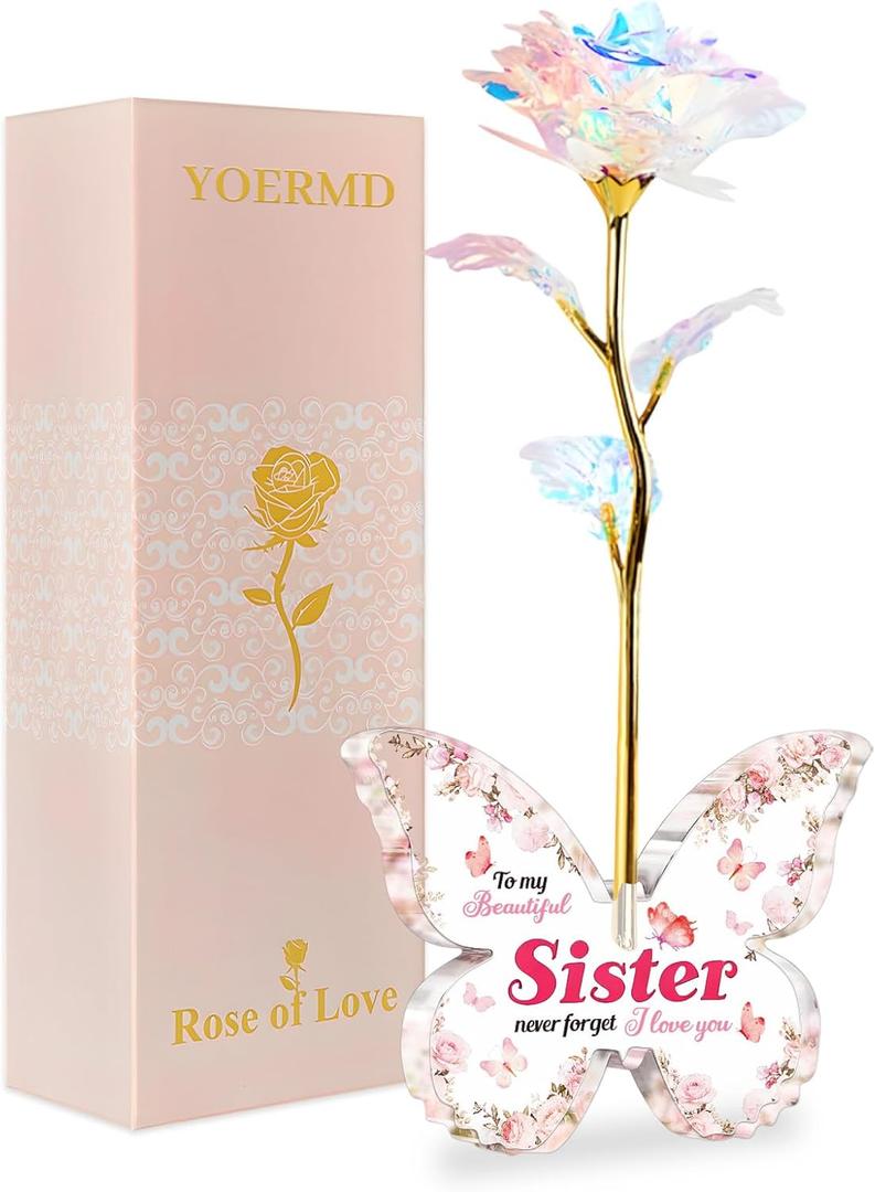 Unique Gifts for Sister, Pink Preserved Galaxy Rose with 4.23.15 Inch Acrylic Butterfly Stand - Delicate Sister Birthday