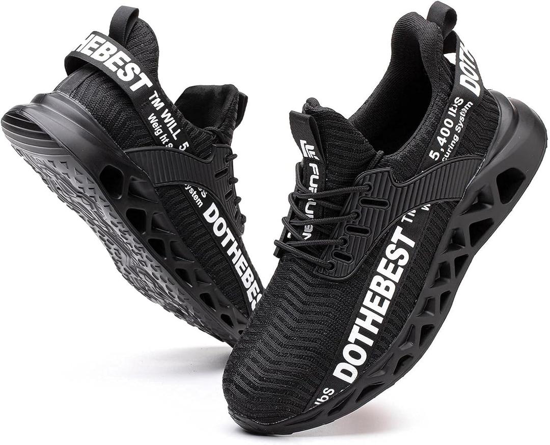 Furuian Steel Toe Sneakers for Men Women Lightweight Safety Shoes Comfortable Puncture Proof Slip On Indestructible Work Shoes (10.5 Wide Women/9 Wide Men, Black)