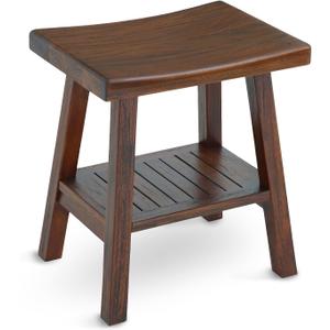 StrongTek Teak Shower Stool with Storage Shelf, 18-Inch Solid Teak Wood Bath Seat Bench, Ergonomic Curved Seat, Easy Assembly, Water-Resistant, 350 lbs Capacity, Ideal for Bathroom, Spa & Home Use (Dark Brown)