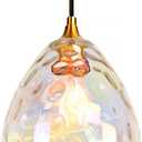 Gold Pendant Lighting with Stained Hammered Glass Shade, 1-Light Art Deco Hanging Lamp for Kitchen Island, Dining Room, Bedroom (Colorful Glass Shade)