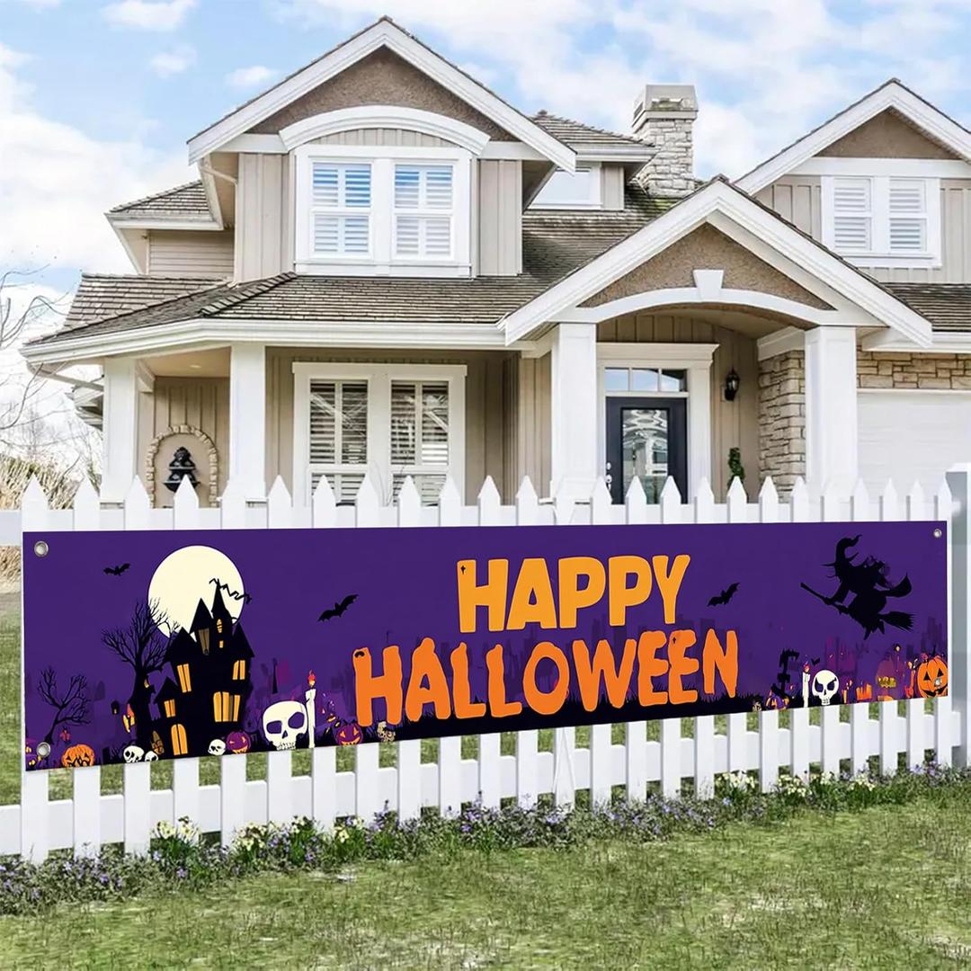 2 x Halloween Yard Decorations Outdoor Pumpkin Banner Happy Halloween Sign Witch Bat Skull Ghost Scene 118x20 Inch Haunted House Backdrop for Fence Porch Lawn Wall Party Decor