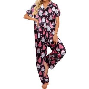 ALLTB Christmas Satin Pajamas Set Women 2 Piece Button Down Pajamas Short Sleeve Shirt Long Pant Xmas Silk Sleepwear Set (Small, Black)