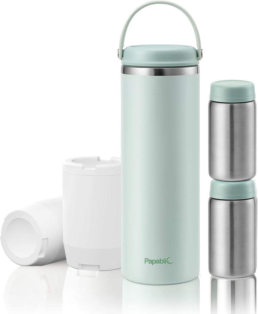 Papablic Innovative 360 CapsuleChill Breastmilk Cooler for 36H Safe Storage, 20oz Stress-Free Portable Breast Milk Chiller with 2pcs Stainless Steel Baby Bottles for Work & Travel, Mint Green
