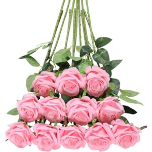 Tifuly Pink Roses Artificial Flowers - 12 pcs Realistic Single Long Stem Fake Silk Roses Bouquet for Party Home Wedding Centerpiece Office DIY Decor
