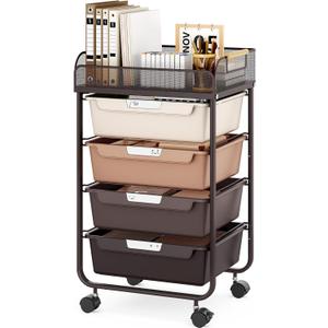 SYKIARIOL Rolling Cart with 4 Drawers,4 Tiers Rolling Utility Cart Craft Cart,Rolling Storage Drawer Cart with Mesh Top,Storage Cart with Drawers & 4 PCS DIY Lable, Brown