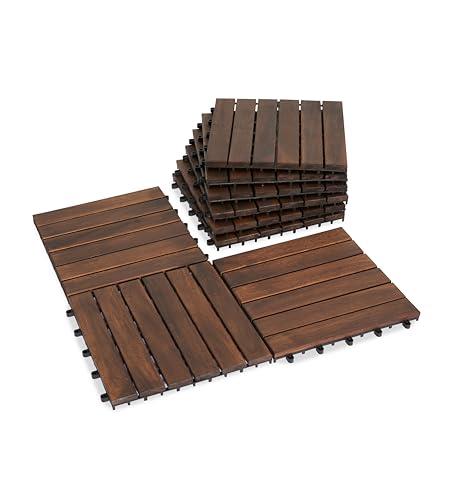 VICTORY RELAX Natural Acacia 12x12 Interlocking Wood Deck Tiles for Balcony, Garden, Patio, Poolside Decor - Waterproof Indoor & Outdoor Flooring - 6 Slats, Round Joints, Pack of 9, Brown Color