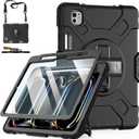 Case for iPad Pro 11 M5 2025/ M4 2024: Protective Cover for iPad Pro 11 Inch 5th Generation with Screen Protector- Stand- Handle- Shoulder Strap- Pencil Holder- Black+Black