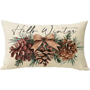 Hello Winter Pine Cone Lumbar Decorative Throw Pillow Cover 12 x 20, Rectangular Pine Needle Bow Outdoor Home Decor, Christmas Seasonal Red Berry Sofa Couch Cushion Case