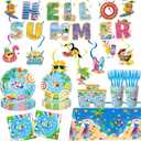 Summer Pool Party Decorations Supplies - 125 Pcs Beach Party Tableware Set with "Hello Summer" Banner, Plates, Napkins, Cups, Tablecloth, Cake Topper, Swirls & Forks for Hawaiian Birthday - Serve 20