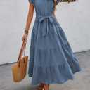 dowerme Women's Summer Casual Dresses 2026 Cap Ruffle Sleeve V Neck Button Belted Tiered Boho Maxi Dress with Pockets (Blue, L)