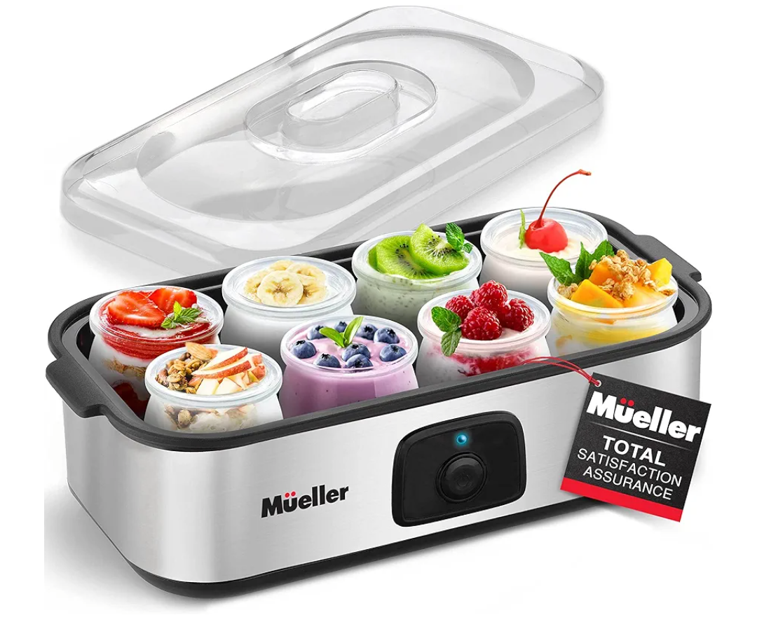 Mueller Yogurt Maker, Greek Yogurt Machine with 8 Glass Jars/Lids, One Touch Display: Perfect for Organic, Sweetened, Flavored, Plain, or Sugar Free Options for Baby, Kids, & Parfaits