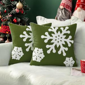 MIULEE Pack of 2 Christmas Decorative Snowflake Throw Pillow Covers Canvas Embroidery Cushion Cases Holiday Decor Soft Pillowcases for Couch Sofa Bedroom Car (Army Green, 18x18in）