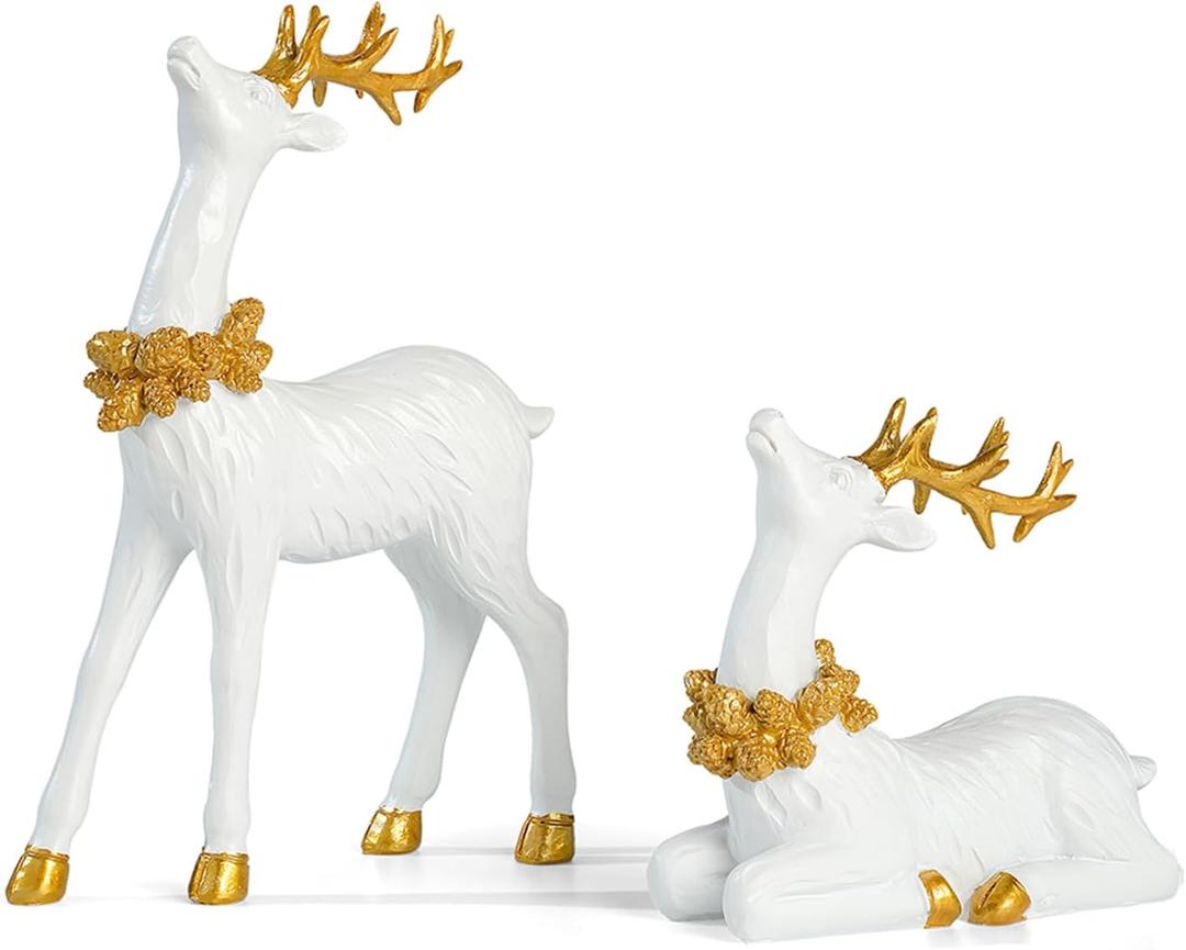 2PCS Christmas Deer Pendant Bedding and Standing Gold Deer Resin Home Decoration Suitable for Fireplace Living Room Dining Table Christmas Decoration (White)