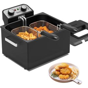 4.9 Liters/20 Cups 1800W Large Electric Deep Fryer with 3 Frying Baskets, Adjustable Temperature,View Window Lid,Countertop Stainless Steel Body Deep Fryer Pot, Fry Fish for Home Use