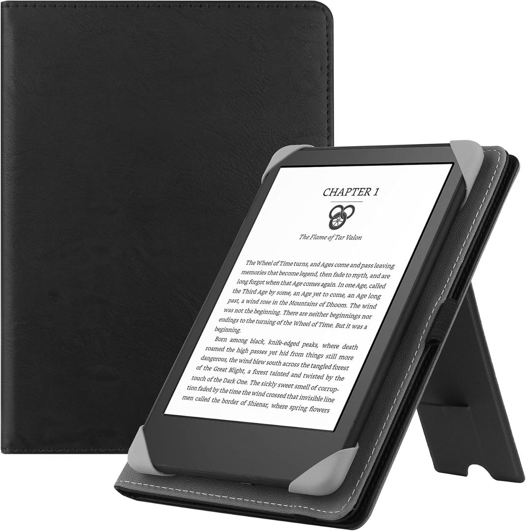 Universal Case for 6" eReaders, Folio Leather Stand Cover with Handstrap Compatible with All 6 inch Paperwhite/Kobo/Tolino/Pocketook/Sony E-Book Reader-Black