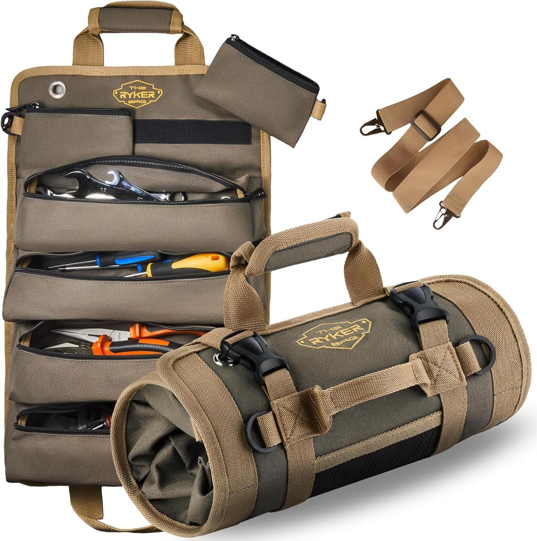 The Ryker Roll Up Tool Bag Organizer Gifts for Dad. Heavy Duty Motorcycle Tool Roll Bag Organizer. Portable Rollup Toolbag w/Detachable Pouches - Tools Bags Mens gifts for him - Mechanic & Electrician (Khaki)
