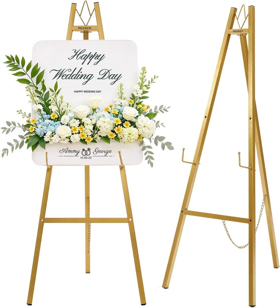 MEEDEN Gold Easel Stand for Sign: Assembly-Free Heavy Duty Display Easel, 9.5"L × 17.7"W × 47.2"H