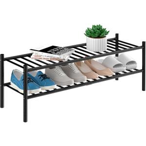 2-Tier Bamboo Long Shoe Rack, Free Standing Wood Shoe Shelf Storage Organizer for Closet Entryway Stackable 35"x11"x13" (Black)