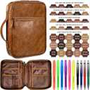 Leather Bible Cover for Men Large Bible Carrying Case with Handle Pockets Bible Book Cover with Highlighters Tabs For Church Prayer Meetings Study Supplies Accessories (Brown)