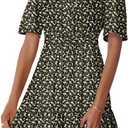 Dokotoo Womens Summer Dresses 2026 Boho Floral Short Sleeve V Neck Smocked Waist Casual A-Line Swing Mini Dress Sundress