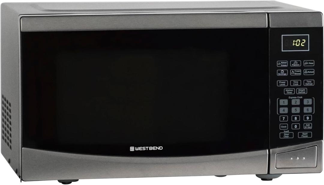 West Bend Microwave Oven 900-Watts Compact with 10 Power Levels and 6 Pre Cooking Settings, Speed Defrost, Electronic Control Panel and Glass Turntable, 0.9-Cu.Ft., Stainless Steel