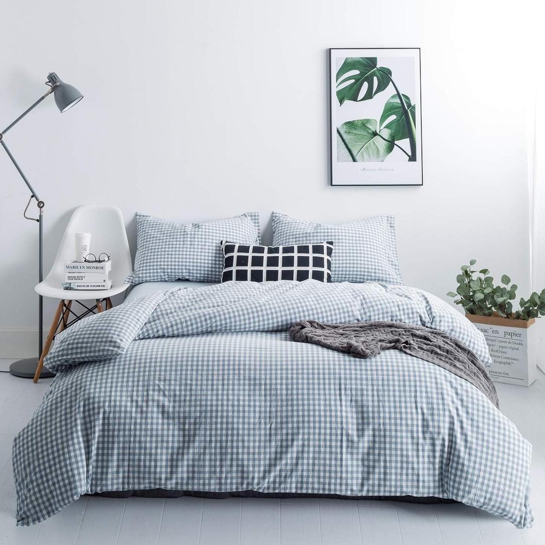 SUSYBAO Gingham Duvet Cover King 100% Washed Cotton Light Blue Plaid Duvet Cover 3 Pieces Set 1 Blue Grid Duvet Cover with Zipper Ties 2 Pillowcases Luxury Soft Gingham Bedding Set Breathable Durable