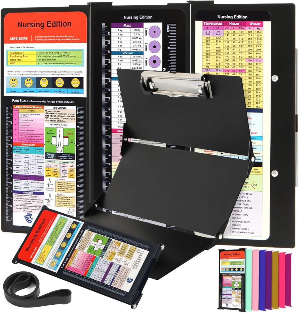 SC Printing World Nursing Clipboard with Nursing and Medical Edition Cheat Sheets 3 Layers Aluminum Foldable Nurse Clip Boards Notepad for Students,Nurses and Doctors (Black)