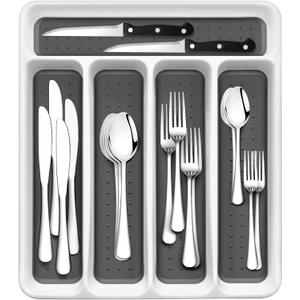 24-Piece Silverware Set, Flatware Set Mirror Polished, Dishwasher Safe Service for 4, Include Fork/Spoon with 5-Compartment Non Slip Silverware Drawer Organizer Box Tray