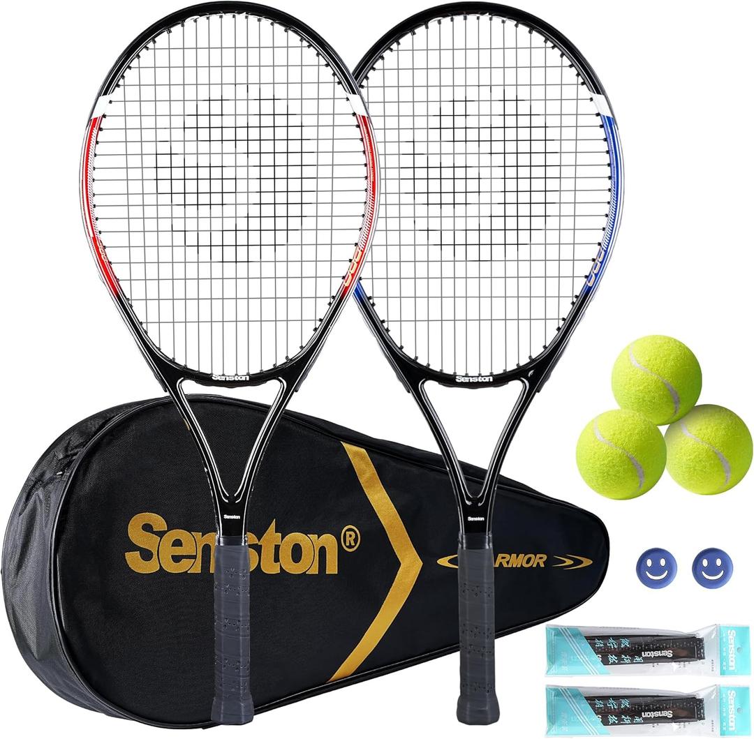 Senston Tennis Rackets for Adults 27 inch Tennis Racquets - 2 Player Tennis Racket Set with 3balls,2 Grips, 2 Vibration Dampers (Red and Blue)