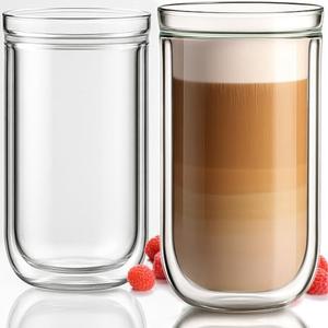 Aquach Double Wall Glass Cup 16oz 2pcs, Clear Insulated Coffee Drinking Glasses, Single Mouth/Double Body