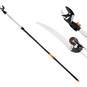 Fiskars 2-in-1 Extendable Tree Pruner and Pole Saw (Extends 7.9 - 12 feet) with Rotating Head, Pruning Stik Model with 15-Inch Double-Grind Saw Blade, and Double Locking System