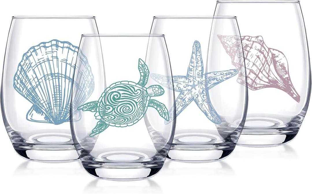 4 PCS Ocean Stemless Wine Glasses-17 Oz Coastal Glassware Gifts for Beach Lovers-Sea Turtle, Seashell, Starfish, Conch Wine Cups Set for Women Men, Dishwasher Safe, Birthday, Mothers Day, Easter