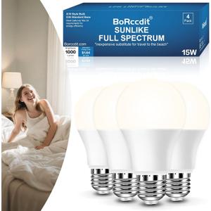 BoRccidt SunLike Full Spectrum Light Bulb LED 15W=100W, 5000K Daylight Flicker-Free & UV-Free, 90+CRI & 30000H Lifespan, 3-Pack A19 E26/E27 Natural Sunlight Light Bulbs for Humans, Home, Office, Plant
