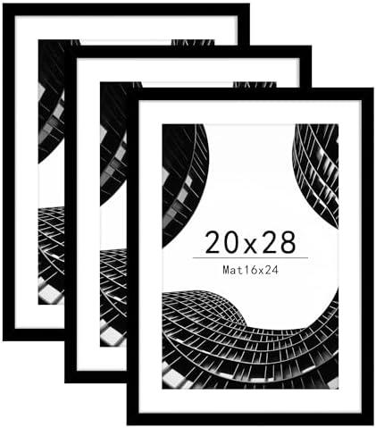Abtgt 20x28 Picture Frame Set of 3, Display Pictures 16x24 with Mat or 20x28 Without Mat, Poster Frame for Wall Mounting Display, Black