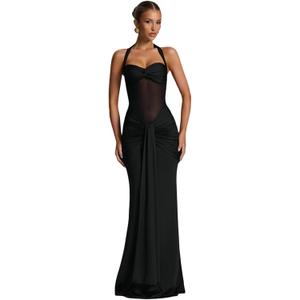 JUMISEE Womens Sexy Halter Twist Knot Maxi Dress Draped Ribbon Ruched Cocktail Dress Sheer Mesh Bodycon Formal Dresses (Medium, Black)