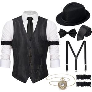 YESSA 1920s Mens Costume,1920 Mens Outfit,Roaring 20s Costumes for Men,1920s Hat Vest Pocket Watch Suspenders Tie (XX-Large)