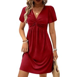 Acelitt Womens Casual Fashion Trendy 2026 Summer Twist Front V Neck Short Sleeve Mini Dress High Waist A Line Ruffle Dresses Sundress Red Small
