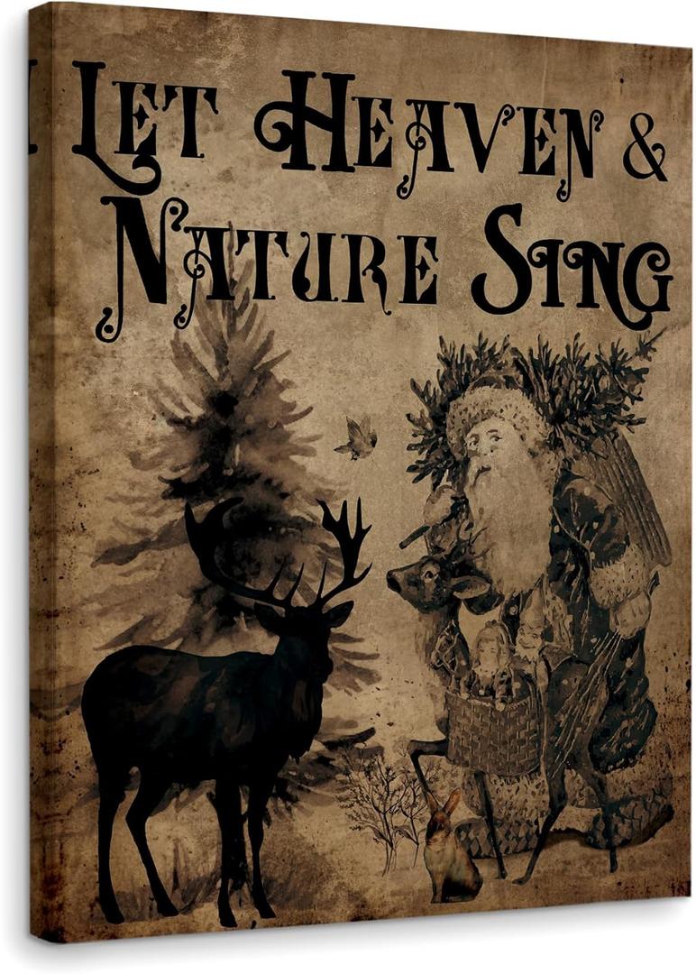 WODMIS Christmas Wall Decor, Christmas Signs Religious Framed Canvas Wall Art, Woodland Santa, vintage christmas, Farmhouse Christmas Decor For Home Kitchen, Let Heaven And Nature Sing Wall Decor, 11x14