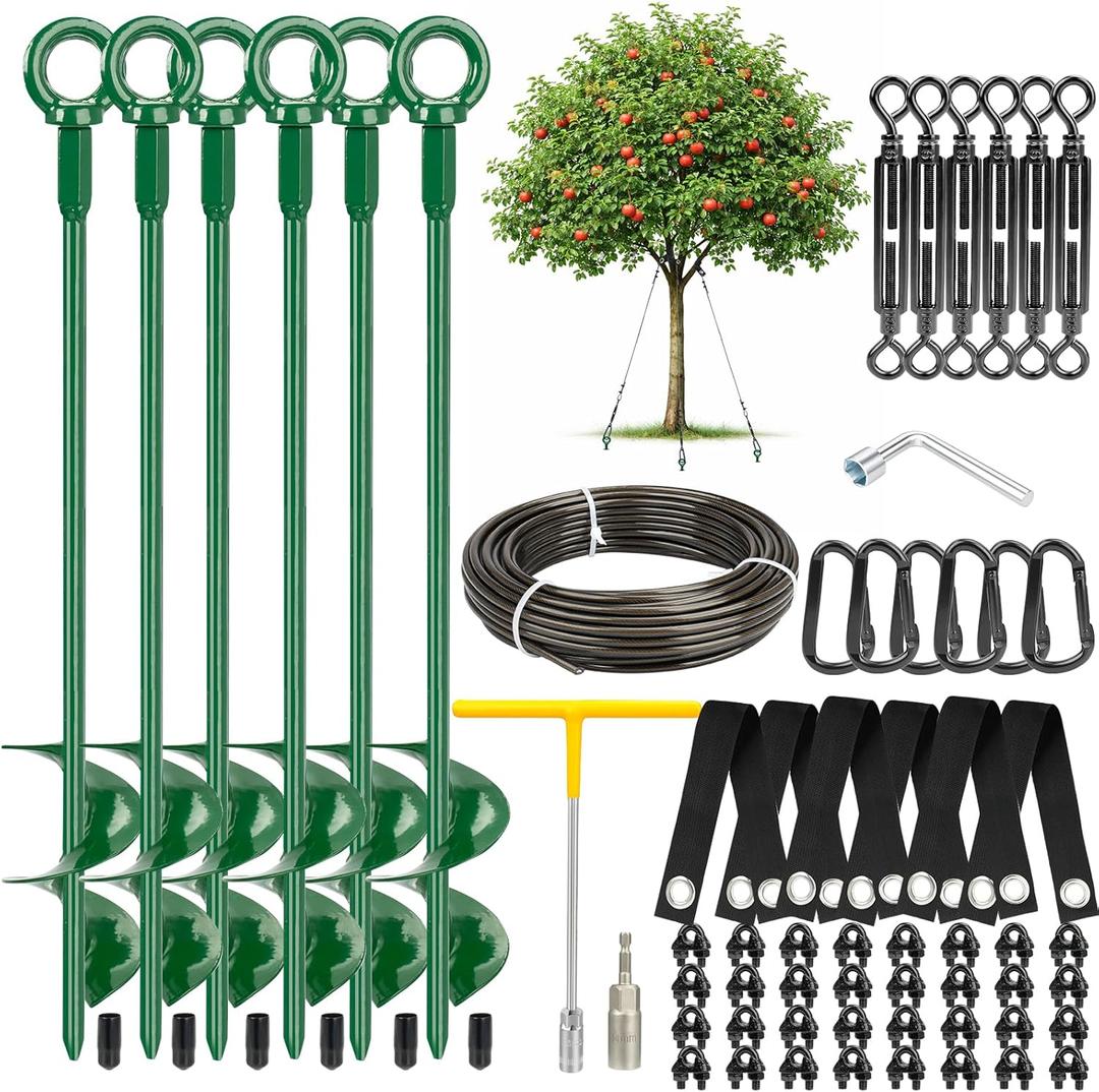 Tree Stakes and Supports Kit, 6 Pack Spiral Tree Stakes with Straps & Turnbuckles, Tree Support Stakes for Leaning Trees and Young Trees