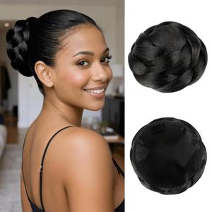 Space Bun Wig for Black Women - Large Braided Wedding Hair Bun Clip in Chignon | Big Fake Hairpiece Updo for Bride (Black 1B)