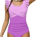 FoWear Bathing Suit for Teen Girls One-Piece Ruffle Trim Criss Cross Swimwear Contrast Color Tropical Seaside Girls Swimsuit Size 10