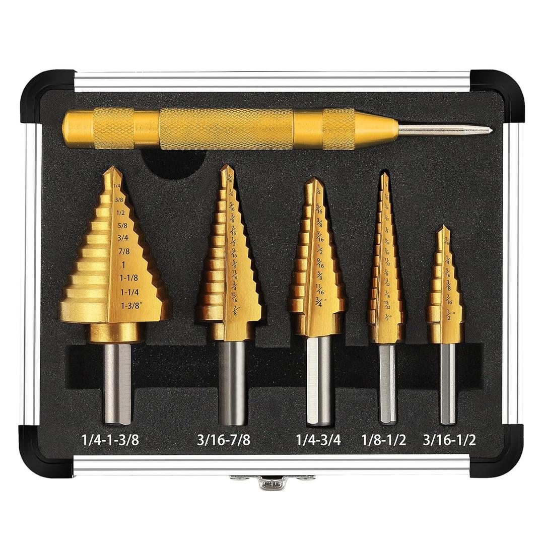 COMOWARE Step Drill Bit Set 5-Piece Titanium-Coated with Automatic Center Punch - Short Length, Double Cutting Blades, High-Speed Steel - Covering 50 Sizes, Complete with Aluminum Case
