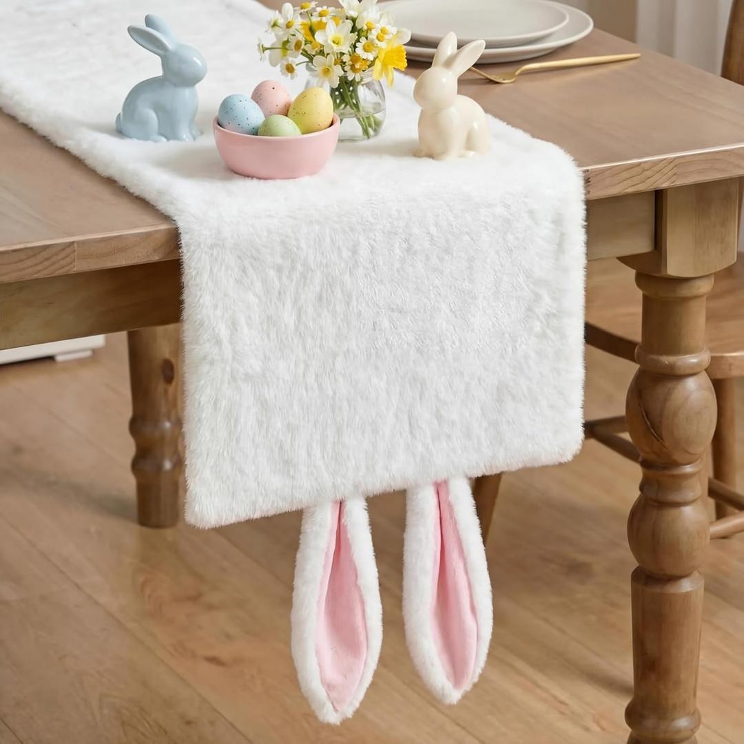 Newwiee Fur Easter Bunny Table Runner White Soft Plush Rabbit Easter Table Decor Seasonal Kitchen Bunny Dining Desktop Decoration for Home Party Decor 13 x 72 Inch