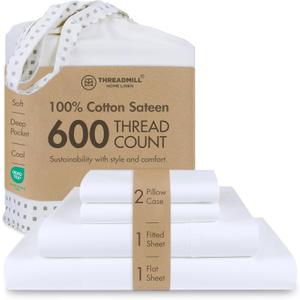 Threadmill 100% Cotton Sheets for Queen Size Bed - 600 Thread Count Queen Bed Sheets Set with 16 Deep Pocket - Sateen Weave 4-Piece Bedding Set with Cooling Effect, White (Hotel White Solid)