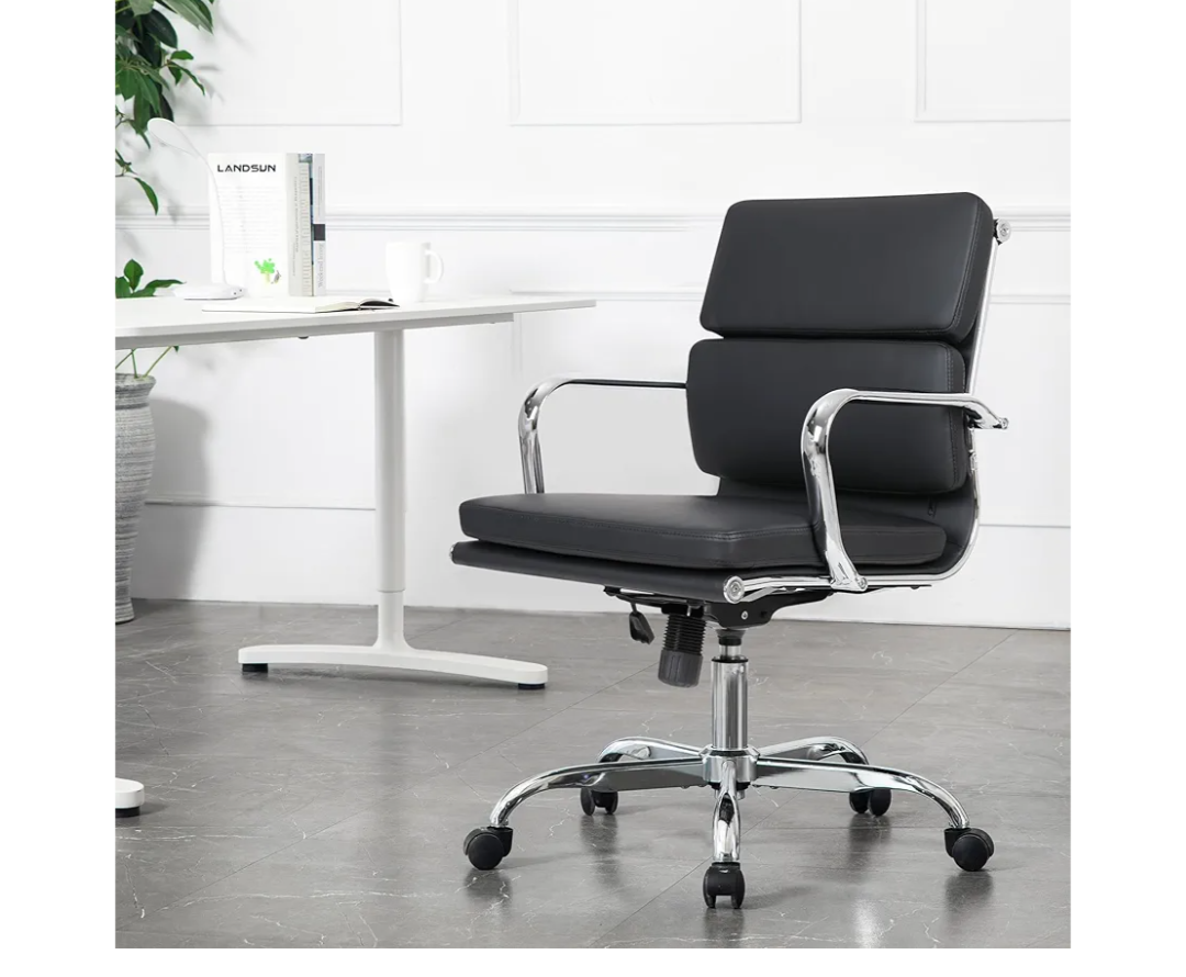 LANDSUN Executive Mid-Back Home Office Swivel Desk Chair with Armrests and Wheels - Faux Leather Soft Padded Seat Upholstered Ergonomic Computer Chair - Black