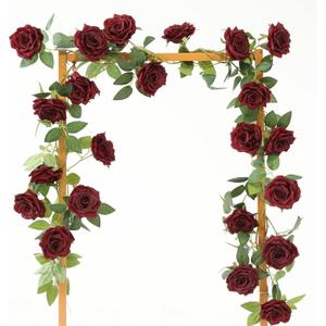 2 Strands 73'' Artificial Silk Rose Flower Vines Garland, Fake Roses Floral Green Leaves Hanging Plant for Wedding Arrangement Decoration, Wall, Party, Bedroom, Home Decor (Burgundy)