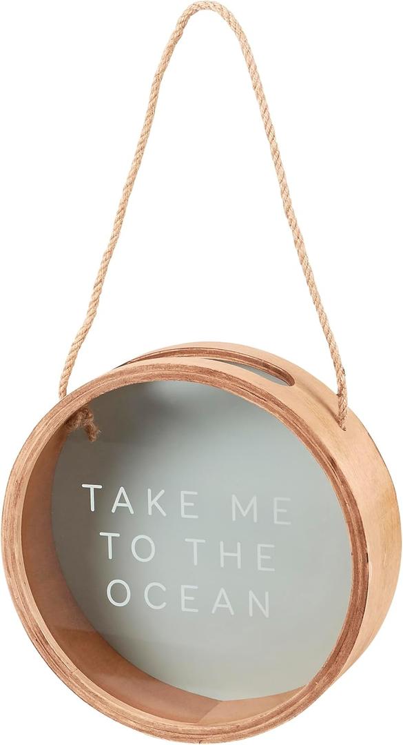 Primitives by Kathy Take Me to The Ocean Hanging Shell Holder, round wooden frame with glass display window and attached rope for hanging on wall.